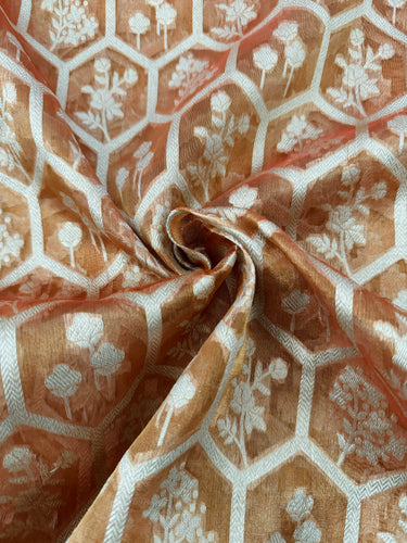 Organza Silk Sari from Banaras | Metallic Rust Orange | Gold Zari | Handwoven | Ships from California